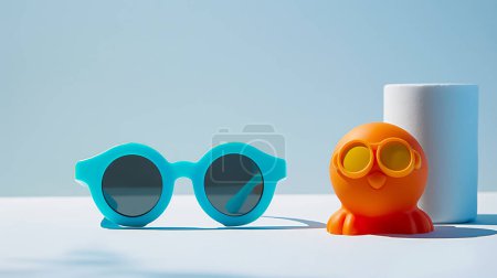 Blue sunglasses and a toy orange octopus on a white table.