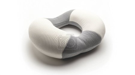 Ergonomic neck pillow in grey and white on a white background.