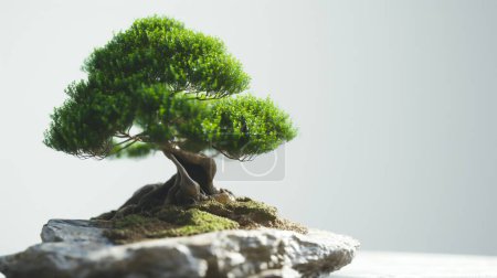 Bonsai tree with lush green canopy on a rock, displayed against a light background. illustration by generative ai