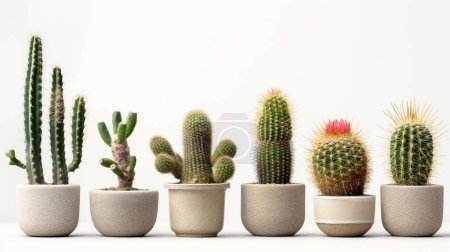 Various cacti in pots lined up against a white background. illustration by generative ai