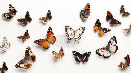 A variety of butterfly specimens with diverse patterns on a white background. illustration by generative ai