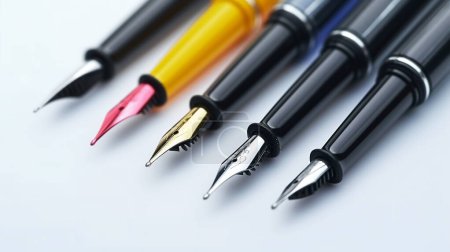 Assorted fountain pens with different nibs and colors arranged in a row on a white background. illustration by generative ai