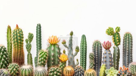 Surtido de cactus con flores en flor sobre un fondo blanco. ilustración por generative ai