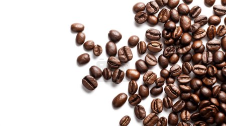 Roasted coffee beans scattered on a white surface, with shadows and highlights. illustration by generative ai