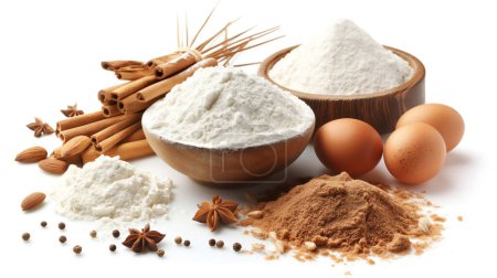 Baking ingredients with flour, eggs, almonds, cinnamon, and spices on white background. illustration by generative ai