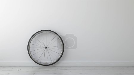 Single bicycle wheel leaning against a white wall on a wooden floor, minimalist concept. illustration by generative ai