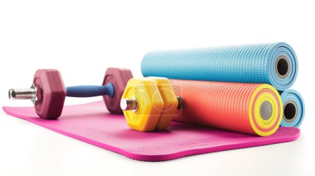 Téléchargez les photos : Appareil de fitness coloré avec tapis de yoga et haltères, isolé sur blanc, concept de mode de vie sain. illustration par generative ai - en image libre de droit