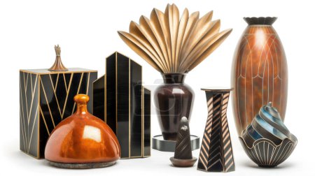 Eine Sammlung von Art-déco-Vasen und dekorativen Objekten auf weißem Hintergrund. Illustration von generative ai