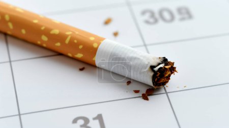 Ausgelöschte Zigarette auf einem Kalender symbolisiert die Entscheidung, mit dem Rauchen aufzuhören und ein gesünderes Leben zu beginnen.