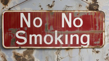 Worn 'No Smoking' sign with peeling paint on a rusted metal background.