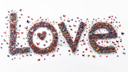 The word "love" formed by a multitude of colorful butterflies on a white background.
