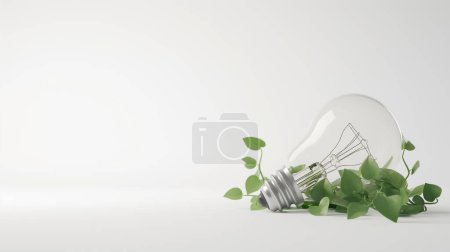 A clear light bulb lies on its side with green leaves emerging from its base on a white background.