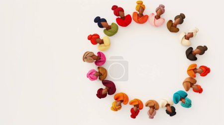 Dolls in colorful dresses and headscarves forming a heart on a white background.