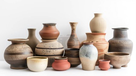 A collection of various handmade pottery pieces on a white background.