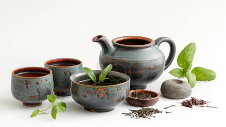 Ceramic tea set with loose leaf teas and fresh basil on a white background.