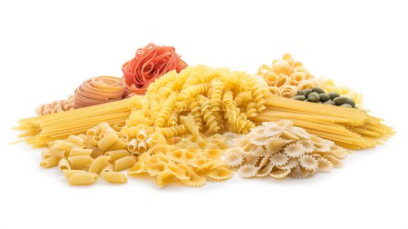 Various types of pasta arranged on a white background.