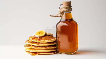 A stack of pancakes with syrup and a bottle of maple syrup on a white background.