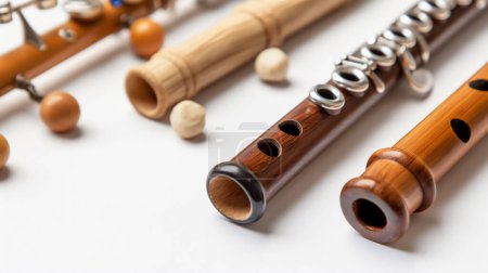 A collection of woodwind instruments, including flutes and recorders, on a white background.