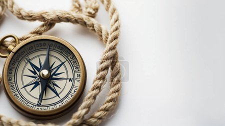 Classic compass with a brass finish entwined by a thick rope on a white surface.