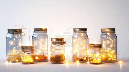Mason jars filled with glowing fairy lights on a bright surface create a cozy ambiance.