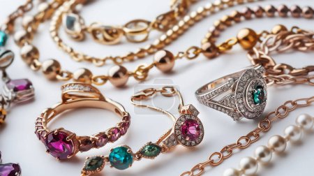 Colección de joyas de oro y piedras preciosas con detalles de perlas sobre una superficie blanca.
