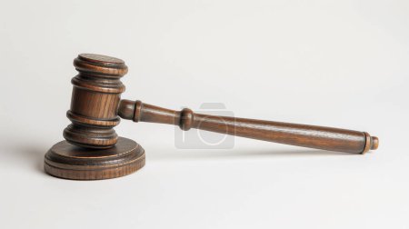 A wooden judge's gavel on a white background.