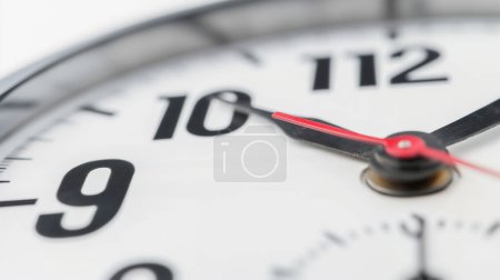 Close-up of a clock face focusing on the hands indicating time, with a blurred background.