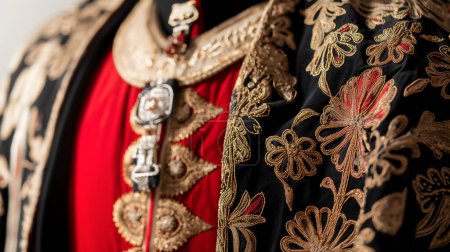Photo for A close-up of a traditional costume with golden embroidery and metallic adornments. - Royalty Free Image
