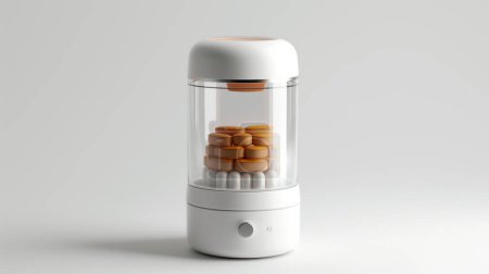 A modern, cylindrical automatic pill dispenser with stacked orange tablets inside.