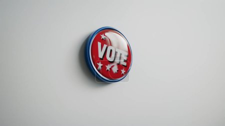 Un botón redondo "Vote" con estrellas y colores patrióticos clavados en una superficie lisa.