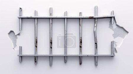 A textured white surface with an abstract arrangement of worn metal bars forming a grid, some broken and disjointed.