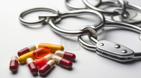 Capsules and a softgel near a folded stethoscope on a white background.