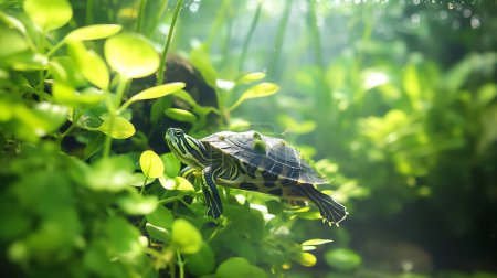 A turtle swimming among lush green aquatic plants in clear water.