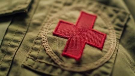 Close-up of a vibrant red cross patch stitched onto a textured green fabric.