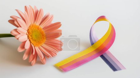 A pink gerbera daisy next to an awareness ribbon with gradient colors from yellow to purple.