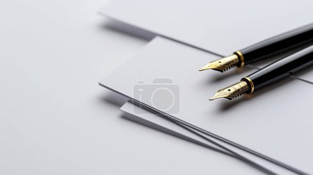 Two elegant fountain pens on a white notebook, symbolizing professional writing tools.