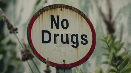 A weathered "No Drugs" sign amidst foliage, with a clear prohibition message.