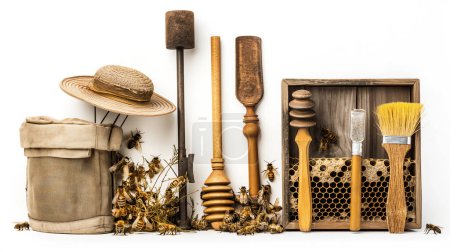 Matériel apicole et abeilles exposés : fumeur, chapeau, outils en bois, brosse, cadre en nid d'abeille.