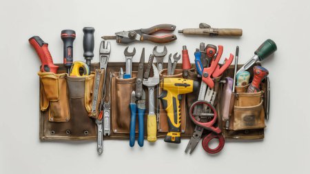 Divers outils dans une ceinture à outils en cuir sur fond blanc : marteau, pinces, tournevis, ruban à mesurer.