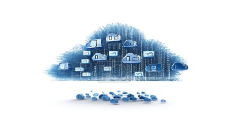Foto de Arte conceptual digital de una nube con iconos tecnológicos y código binario. - Imagen libre de derechos