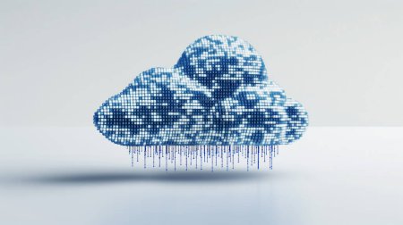 3D digital cloud made of binary code with a pixelated effect on a white background.