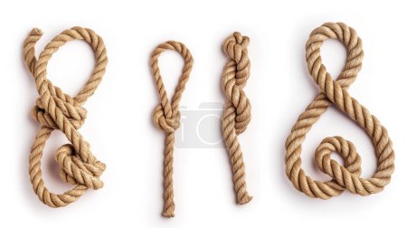 Four different types of knots made from natural rope on a white background.