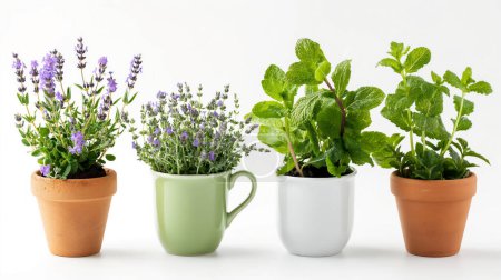 Vier Topfpflanzen mit Lavendel und Minze mit grünen Blättern und lila Blüten vor weißem Hintergrund.