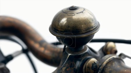 Vintage bicycle bell on a handlebar, with a patina finish, evoking a sense of nostalgia.