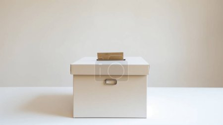Una simple urna de color beige con una ranura en la parte superior, en un contexto neutral, que representa la democracia y las elecciones.
