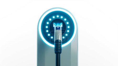 Chargeur de véhicule électrique moderne avec une lumière bleue éclatante, un design épuré et un logo bien en vue.