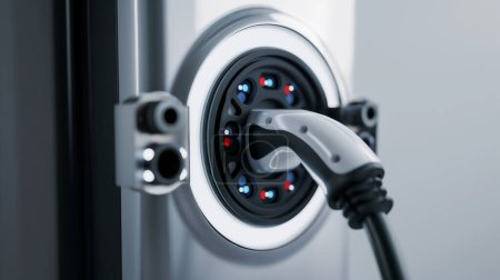 Close-up of an electric vehicle charging plug connected to the socket, indicating modern EV technology.