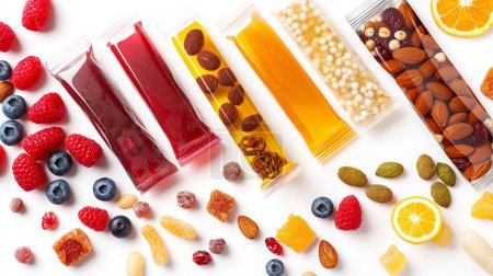 Assorted energy gel packs surrounded by berries, nuts, and dried fruits, representing sports nutrition.