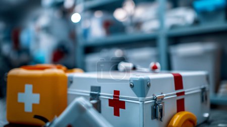 Nahaufnahme einer weißen Erste-Hilfe-Box mit rotem Kreuz in einem klinischen Umfeld.