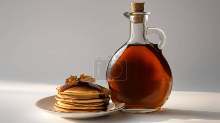 Stack of pancakes on a plate with a maple leaf garnish, next to a glass bottle of syrup.